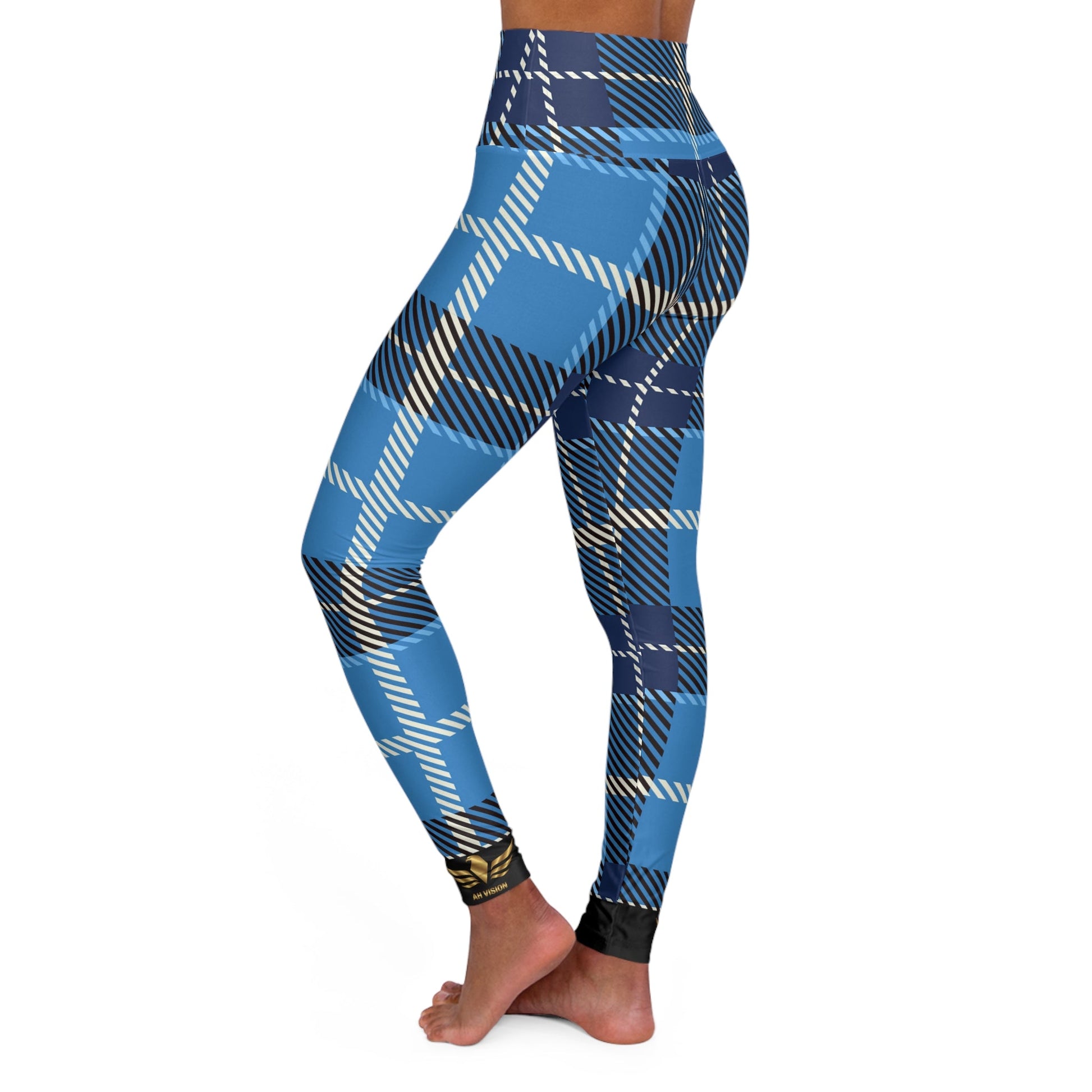 AH Vision Premium Blue White Flannel High Waisted Black Yoga Leggings - AH VISION