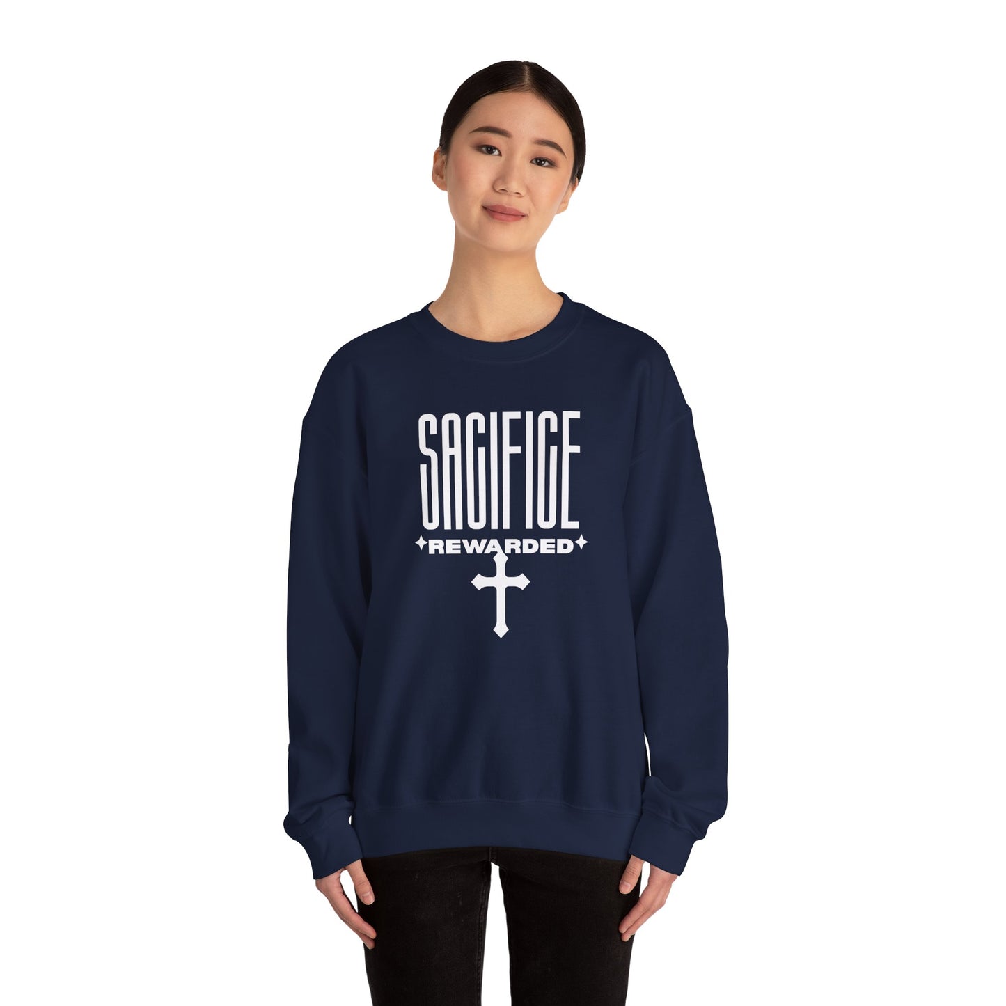 Christian 'Sacrifice Rewarded' Crewneck Sweatshirt — Religious Cross Faith Pullover - AH VISION