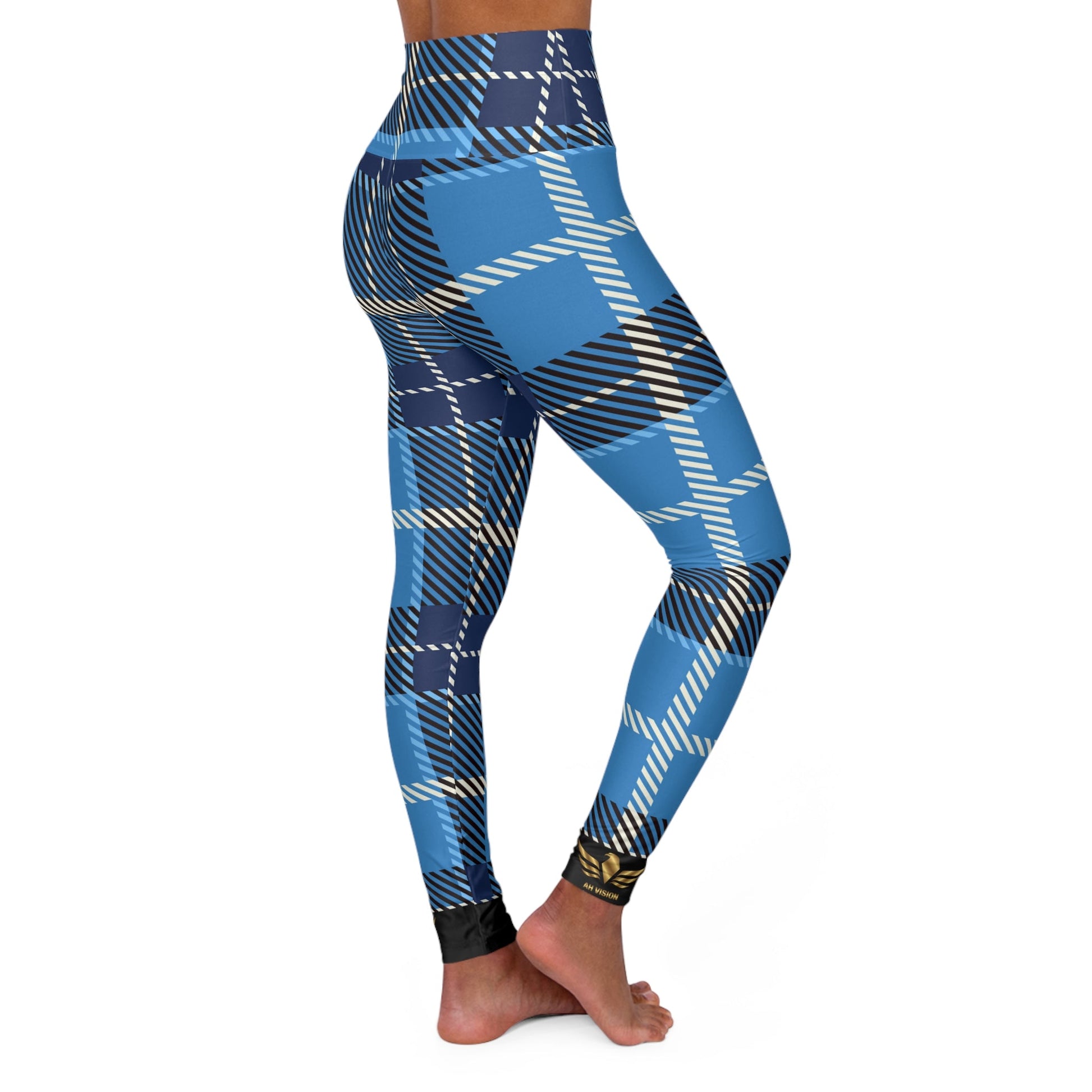 AH Vision Premium Blue White Flannel High Waisted Black Yoga Leggings - AH VISION