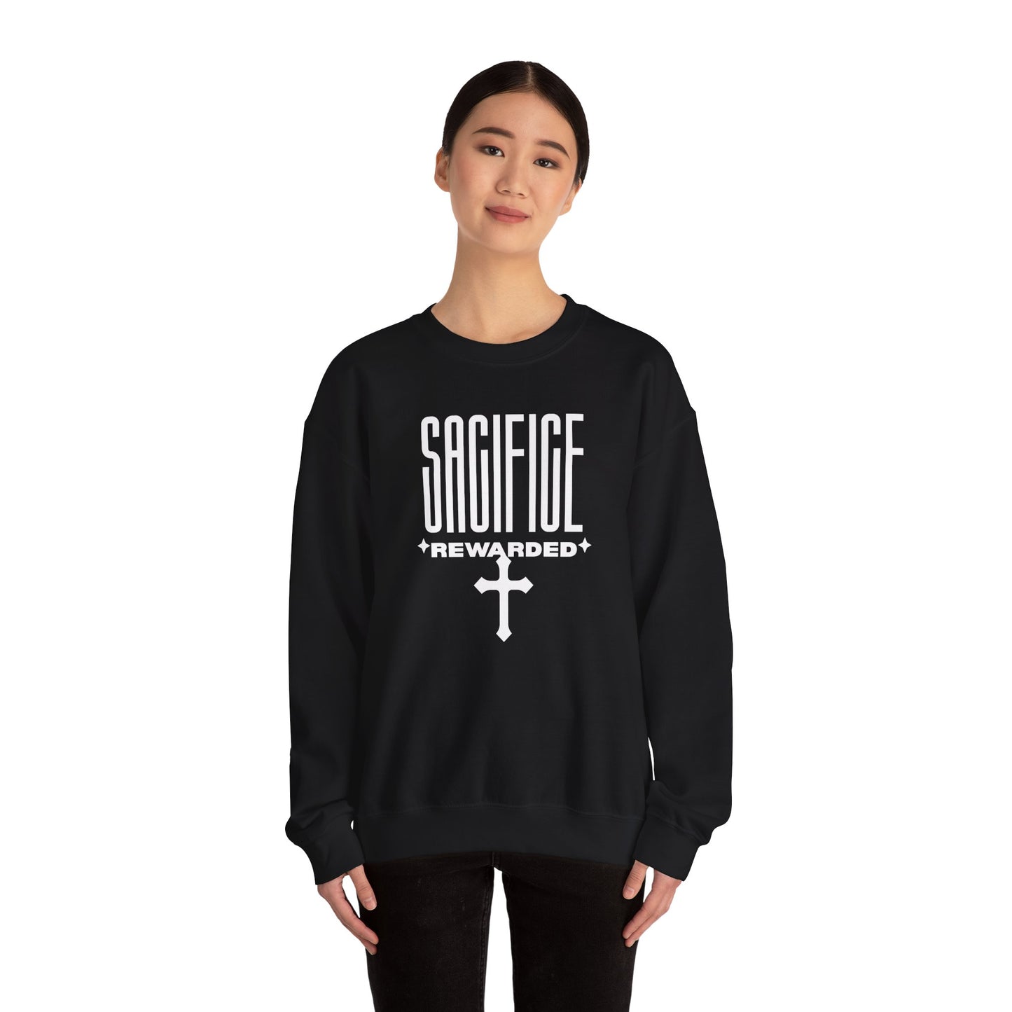 Christian 'Sacrifice Rewarded' Crewneck Sweatshirt — Religious Cross Faith Pullover - AH VISION