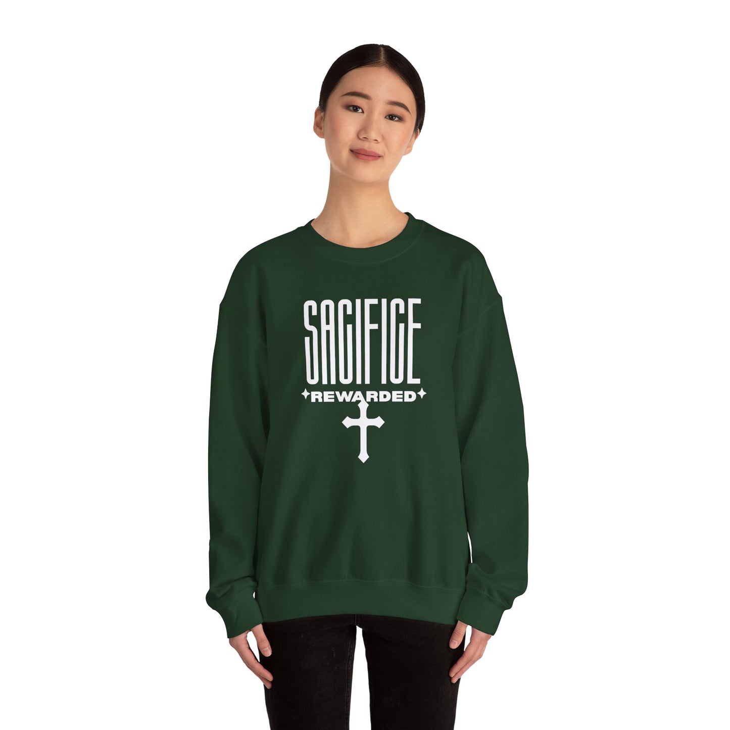 Christian 'Sacrifice Rewarded' Crewneck Sweatshirt — Religious Cross Faith Pullover - AH VISION