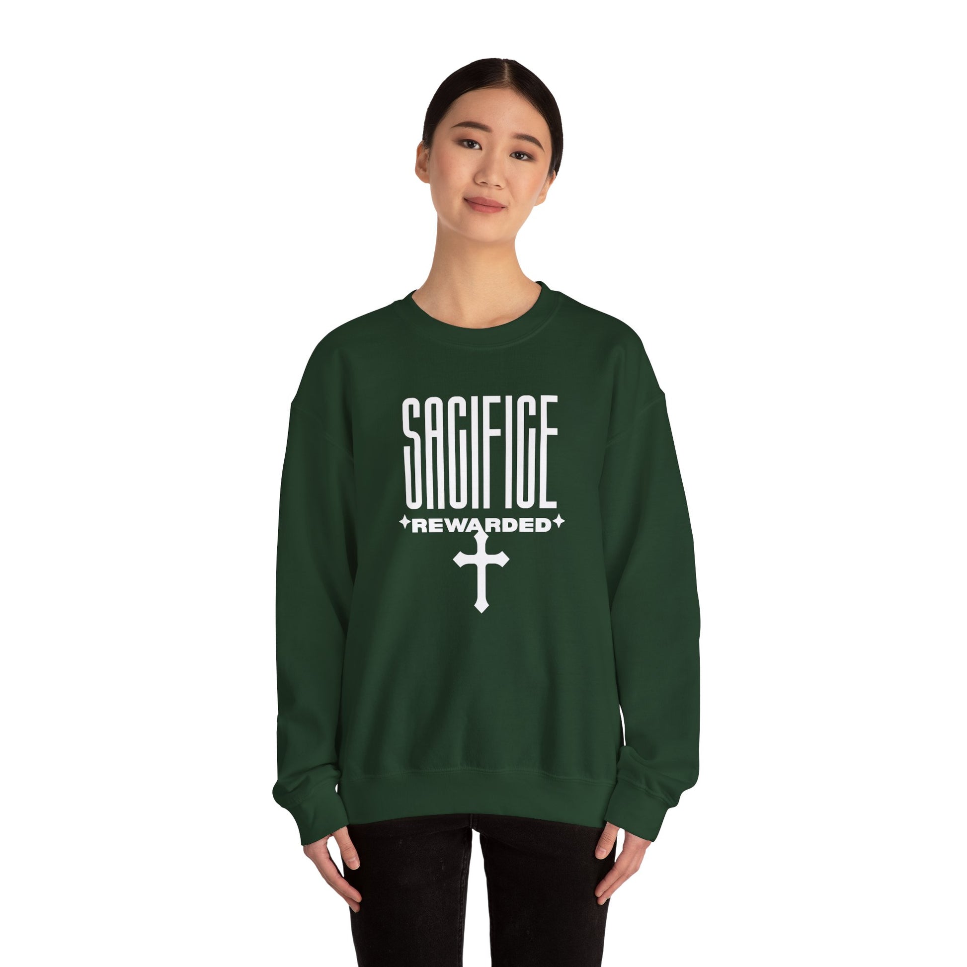 Christian 'Sacrifice Rewarded' Crewneck Sweatshirt — Religious Cross Faith Pullover - AH VISION