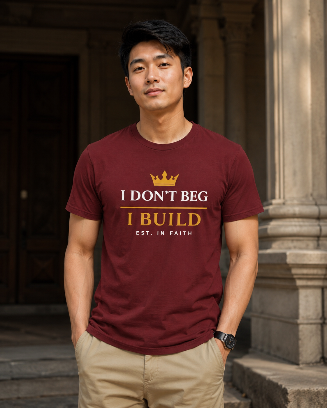I Don’t Beg I Build T-Shirt — Christian Faith Lion Graphic Tee MC - AH VISION