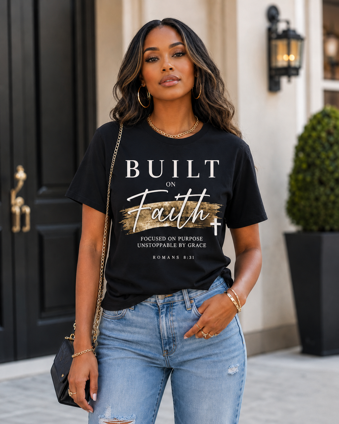 Built on Faith T-Shirt — "Focused on Purpose, Unstoppable by Grace" (Romans 8:31)