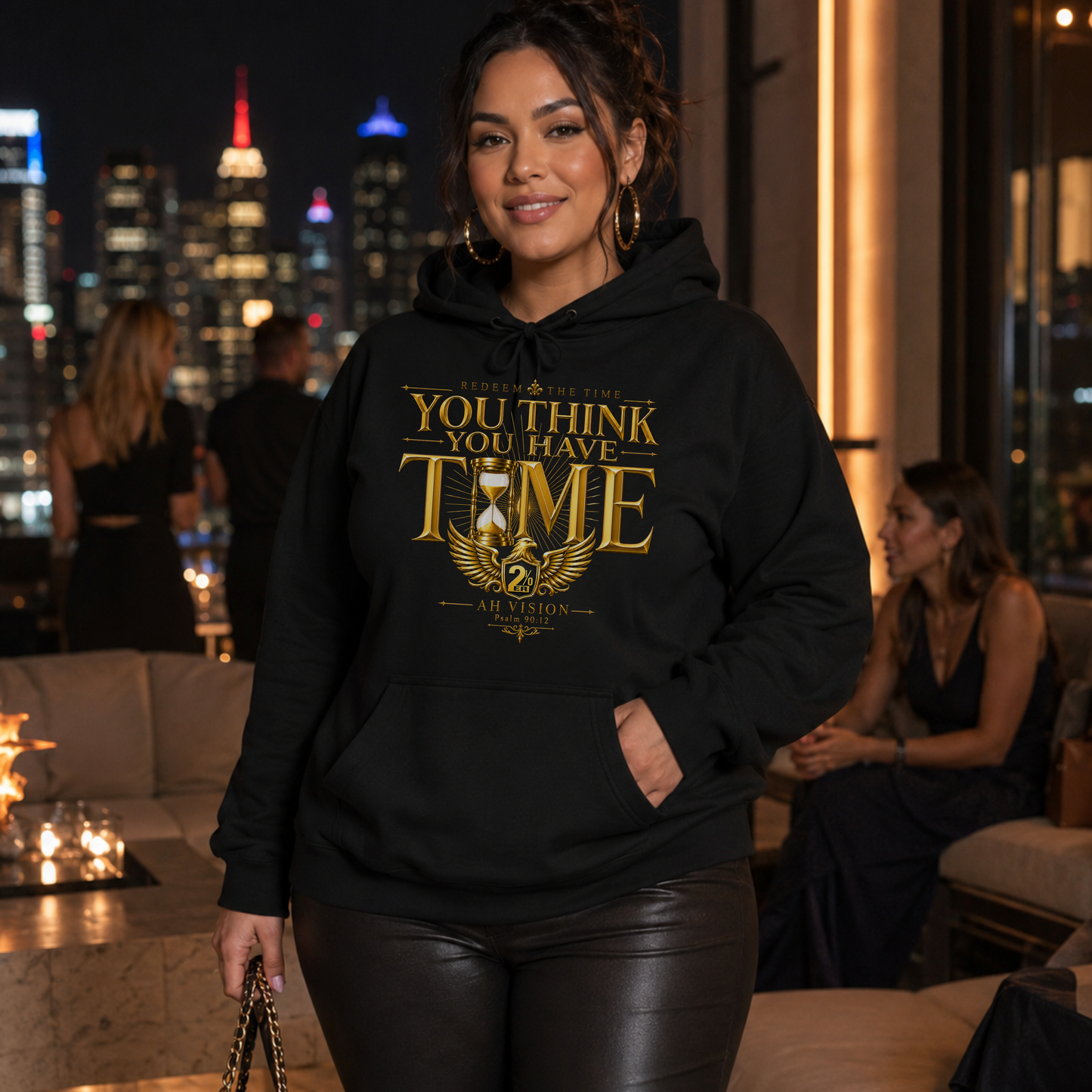 Hourglass Faces Hoodie — "Your Time Is Now" Inspirational Pullover Hispanic Female