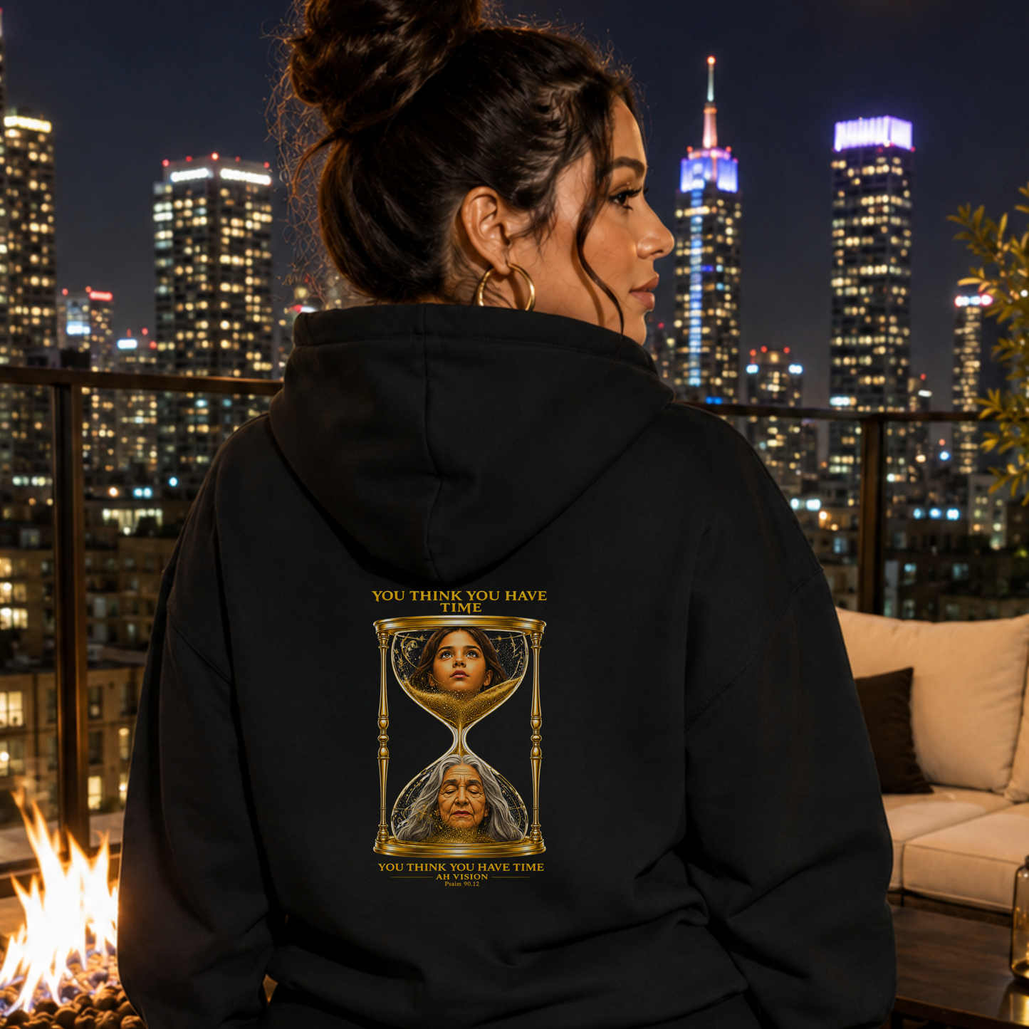 Hourglass Faces Hoodie — "Your Time Is Now" Inspirational Pullover Hispanic Female