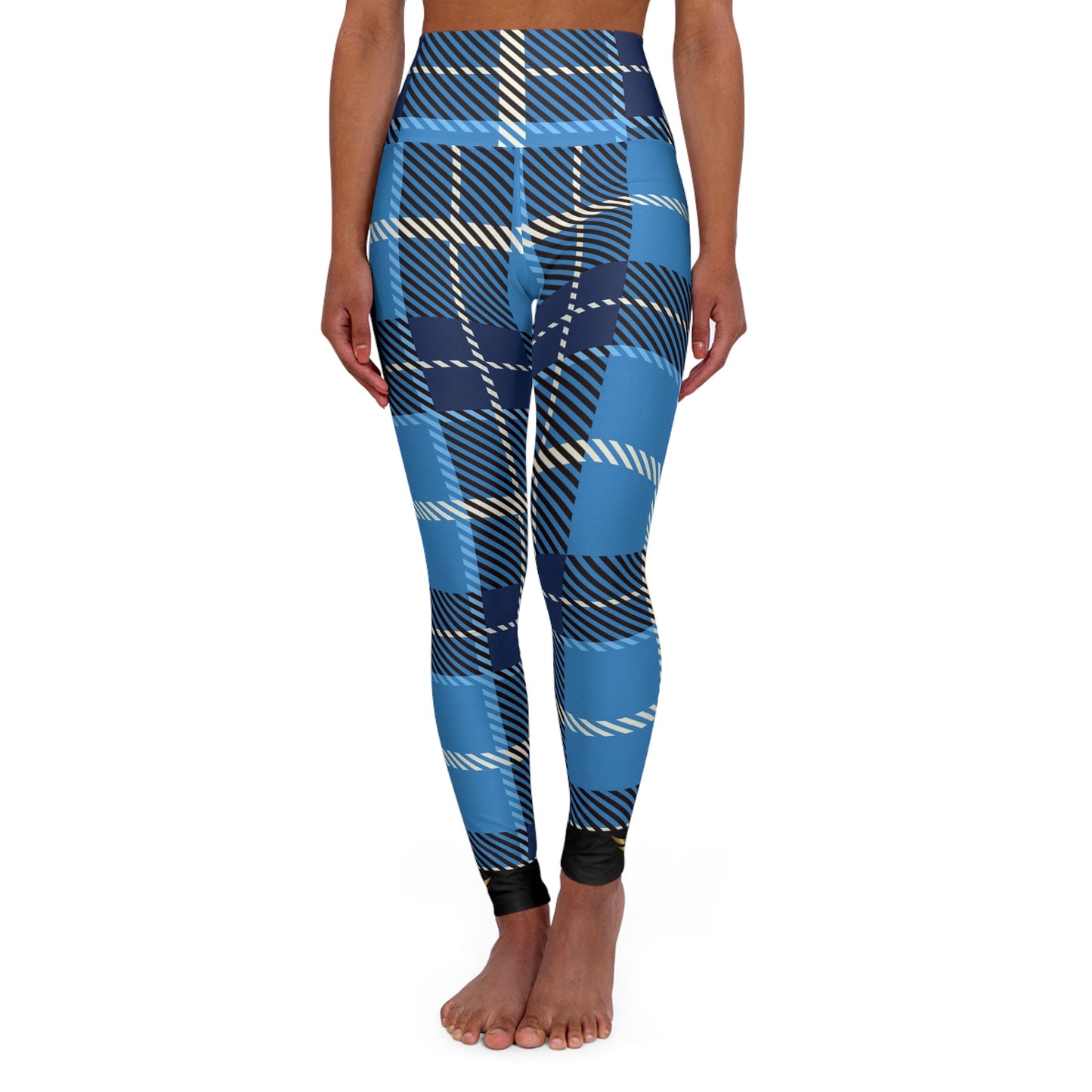 AH Vision Premium Blue White Flannel High Waisted Black Yoga Leggings - AH VISION