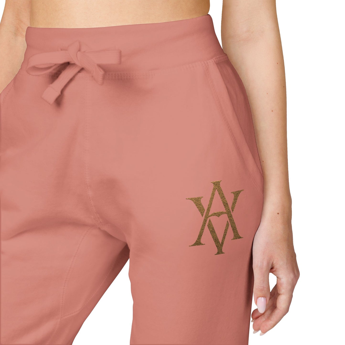Embroidered Gold AV Monogram Fleece Sweatpants — Cozy Fleece Joggers