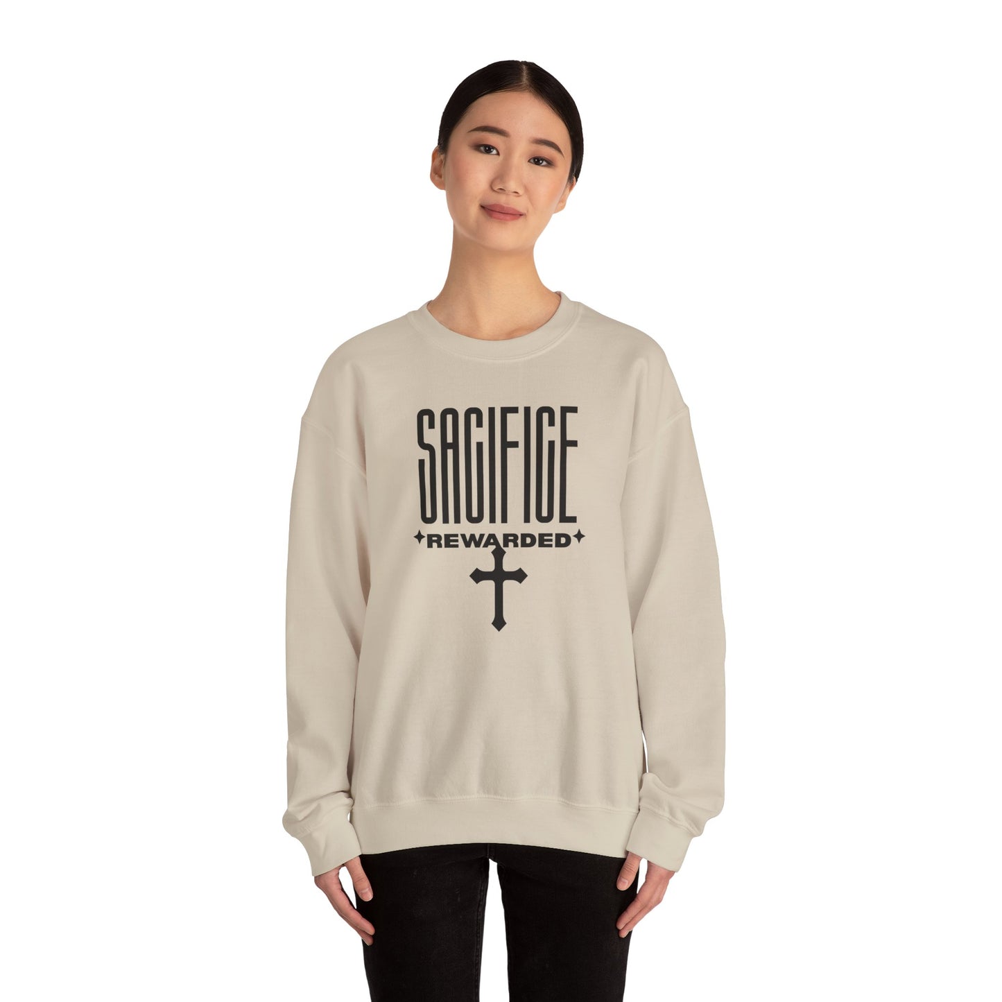 Christian 'Sacrifice Rewarded' Crewneck Sweatshirt — Religious Cross Faith Pullover - AH VISION