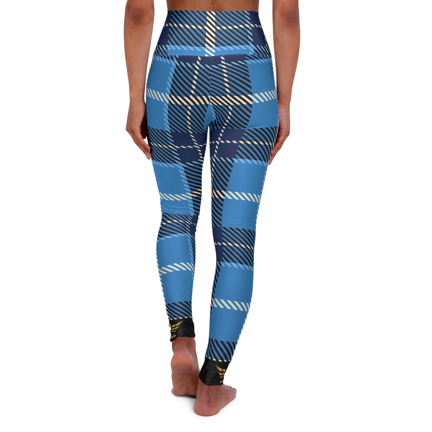 AH Vision Premium Blue White Flannel High Waisted Black Yoga Leggings - AH VISION